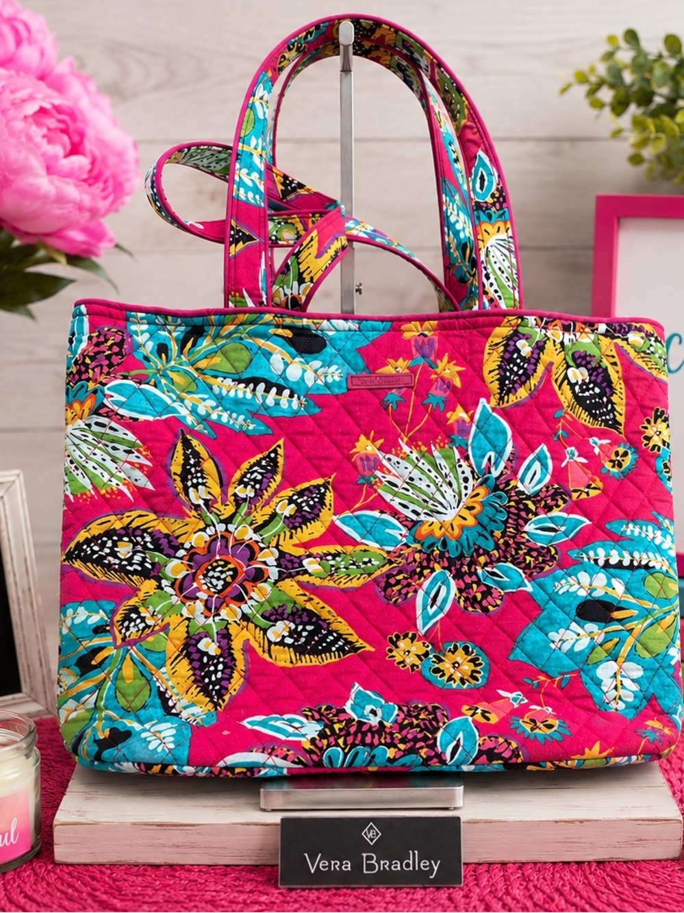 Vera Bradley Hot Pink Quilted Floral Tote with Teal & Yellow Free bag charm